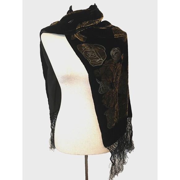 Vtg Silk Velvet Fringed Scarf Burnout Shawl Wrap Black Gold Roses Sheer Goth Y2K